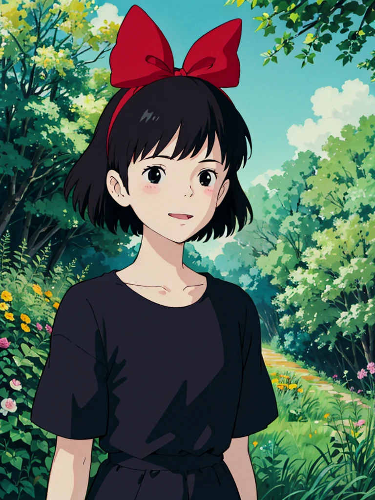 ghibli style, kiki \(majo no takkyuubin\), 1girl,, bangs, black eyes, black hair, black shirt, blush, bow, bow hairband,  hair bow, hairband,  outdoors, red bow, red hairband, shirt, short hair, solo, sunlight, upper body, happy , ((masterpiece)) 