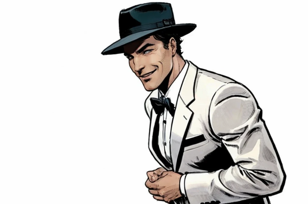 1 person, Full-length man, formal suit, Full side view, smile, detailed eyes, dark short hair, man takes off his hat, hat in hand, White background,Marvel Comics Style, comics