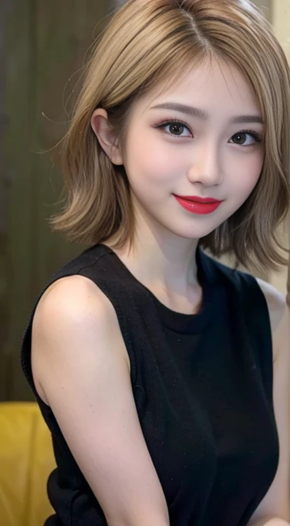 blush a little and smile, (Top quality masterpiece:1.2) Delicate illustrations, Very detailed, /Beautiful Japanese Women、1 person,Very cute and slim、Great style 、((8k images、super high quality))、Very delicate face, Big Breasts、Skin and Hair、beautifule forehead、Red lipstick、(((((short hair、Blonde、lure))))),Very cute Japanese cut face、Eyes and nose are clearly visible、Kind eyes,((((Black sleeveless fashion))))