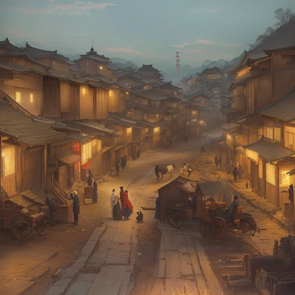 Painting of a cityscape with a horse-drawn carriage and buildings, Dreamy city in China, Carl Spitzwegにインスピレーションを得た, Painterly concept art, Old Asian Village, Written by Nie Yuanlu, Chinese Village, Carl Spitzweg. Unreal Engine, Beautiful renderings of the Tang Dynasty, by Shimo, Digital Painting Concept Art, Blazing flames by Zou Zhe, fire, crowd, throng, freezing, mother warming her baby.Scenery and Cityscape in the Early Meiji Era After the Meiji Restoration, Japan underwent rapid modernization and civilization. Consequently, many changes and reforms occurred. Below is a detailed explanation of the scenery, appearance of the poor, occupations, and cityscapes in the early Meiji period (1868 to the early 1880s). 2. Appearance of the Poor Life for the impoverished and lower classes remained harsh. In particular, in urban areas, people migrated from rural areas or unemployed artisans gathered, intensifying competition in the labor market. Many of them struggled with poverty, often residing in slums or around temples. 3. Occupations Meiji early Japan witnessed a diversification of occupations. Traditional agriculture and handicrafts were accompanied by the rise of modern industry and commerce. Particularly in urban areas, factory workers, shop clerks, and transporters increased, giving rise to new professions. However, many in these occupations endured harsh working conditions. 4. Influence of Civilization and Enlightenment During the Meiji era, Western cultural influences spread rapidly. Changes in clothing, dietary habits, and the proliferation of Western-style architecture advanced, especially in urban areas. Conversely, this development posed a threat to traditional culture and lifestyles, resulting in societal upheaval and adaptation challenges. 5. Social Change and Policy Influence While promoting modernization policies, the government also addressed poverty and social issues. Legislation for labor protection and charitable activities to aid the poor were implemented. Nevertheless, living conditions for the impoverished scarcely improved. The early Meiji period marked a rapid transformation in Japan, with complex 