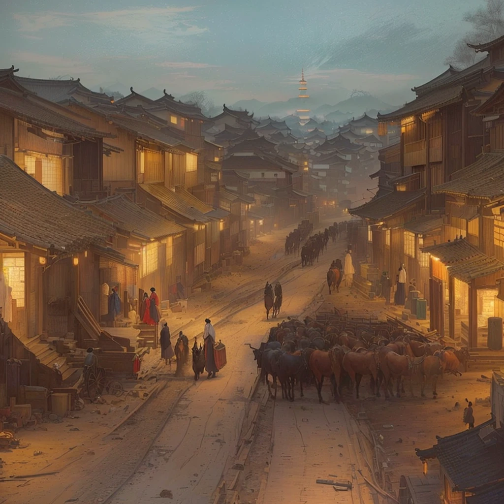 Painting of a cityscape with a horse-drawn carriage and buildings, Dreamy city in China, Carl Spitzwegにインスピレーションを得た, Painterly concept art, Old Asian Village, Written by Nie Yuanlu, Chinese Village, Carl Spitzweg. Unreal Engine, Beautiful renderings of the Tang Dynasty, by Shimo, Digital Painting Concept Art, Blazing flames by Zou Zhe, fire, crowd, throng, freezing, mother warming her baby.Scenery and Cityscape in the Early Meiji Era After the Meiji Restoration, Japan underwent rapid modernization and civilization. Consequently, many changes and reforms occurred. Below is a detailed explanation of the scenery, appearance of the poor, occupations, and cityscapes in the early Meiji period (1868 to the early 1880s). 2. Appearance of the Poor Life for the impoverished and lower classes remained harsh. In particular, in urban areas, people migrated from rural areas or unemployed artisans gathered, intensifying competition in the labor market. Many of them struggled with poverty, often residing in slums or around temples. 3. Occupations Meiji early Japan witnessed a diversification of occupations. Traditional agriculture and handicrafts were accompanied by the rise of modern industry and commerce. Particularly in urban areas, factory workers, shop clerks, and transporters increased, giving rise to new professions. However, many in these occupations endured harsh working conditions. 4. Influence of Civilization and Enlightenment During the Meiji era, Western cultural influences spread rapidly. Changes in clothing, dietary habits, and the proliferation of Western-style architecture advanced, especially in urban areas. Conversely, this development posed a threat to traditional culture and lifestyles, resulting in societal upheaval and adaptation challenges. 5. Social Change and Policy Influence While promoting modernization policies, the government also addressed poverty and social issues. Legislation for labor protection and charitable activities to aid the poor were implemented. Nevertheless, living conditions for the impoverished scarcely improved. The early Meiji period marked a rapid transformation in Japan, with complex