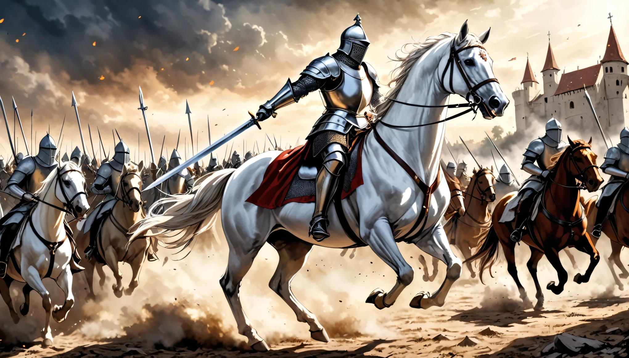 in style of Santiago Caruso,knight in shining armor, gallant warrior on rearing white steed, brandishing long sword, battle-ready, fierce charge, detailed realistic portrayal, valor and courage, medieval battleground ambiance,Epic composition,The moment of legendary photography