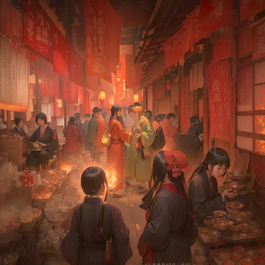 Person in a room with fire々Group painting, Old Japanese street market, by Shimo, Written by Nie Yuanlu, Dreamy city in China, by Kamisaka Sekka, Traditional Japanese concept art, Beautiful artwork illustration, by Zou Igui, Jan J, Rob Ray and Kentaro Miura Style, Blazing flames in Tokyo's izakaya scene, fire, crowd, throng, freezing, mother warming her baby.Scenery and Cityscape in the Early Meiji Era After the Meiji Restoration, Japan underwent rapid modernization and civilization. Consequently, many changes and reforms occurred. Below is a detailed explanation of the scenery, appearance of the poor, occupations, and cityscapes in the early Meiji period (1868 to the early 1880s). 2. Appearance of the Poor Life for the impoverished and lower classes remained harsh. In particular, in urban areas, people migrated from rural areas or unemployed artisans gathered, intensifying competition in the labor market. Many of them struggled with poverty, often residing in slums or around temples. 3. Occupations Meiji early Japan witnessed a diversification of occupations. Traditional agriculture and handicrafts were accompanied by the rise of modern industry and commerce. Particularly in urban areas, factory workers, shop clerks, and transporters increased, giving rise to new professions. However, many in these occupations endured harsh working conditions. 4. Influence of Civilization and Enlightenment During the Meiji era, Western cultural influences spread rapidly. Changes in clothing, dietary habits, and the proliferation of Western-style architecture advanced, especially in urban areas. Conversely, this development posed a threat to traditional culture and lifestyles, resulting in societal upheaval and adaptation challenges. 5. Social Change and Policy Influence While promoting modernization policies, the government also addressed poverty and social issues. Legislation for labor protection and charitable activities to aid the poor were implemented. Nevertheless, living conditions for the impoverished scarcely improved. The early Meiji period marked a rapid transformation in Japan, with complex social