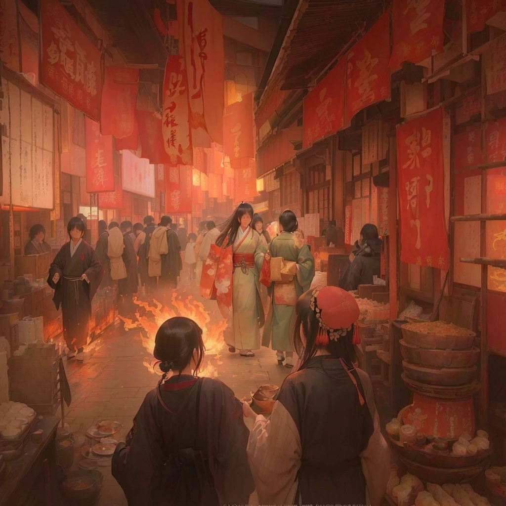 Person in a room with fire々Group painting, Old Japanese street market, by Shimo, Written by Nie Yuanlu, Dreamy city in China, by Kamisaka Sekka, Traditional Japanese concept art, Beautiful artwork illustration, by Zou Igui, Jan J, Rob Ray and Kentaro Miura Style, Blazing flames in Tokyo&#39;s izakaya scene, fire, crowd, throng, freezing, mother warming her .Scenery and Cityscape in the Early Meiji Era After the Meiji Restoration, Japan underwent rapid modernization and civilization. Consequently, many changes and reforms occurred. Below is a detailed explanation of the scenery, appearance of the poor, occupations, and cityscapes in the early Meiji period (1868 to the early 1880s). 2. Appearance of the Poor Life for the impoverished and lower classes remained harsh. In particular, in urban areas, people migrated from rural areas or unemployed artisans gathered, intensifying competition in the labor market. Many of them struggled with poverty, often residing in slums or around temples. 3. Occupations Meiji early Japan witnessed a diversification of occupations. Traditional agriculture and handicrafts were accompanied by the rise of modern industry and commerce. Particularly in urban areas, factory workers, shop clerks, and transporters increased, giving rise to new professions. However, many in these occupations endured harsh working conditions. 4. Influence of Civilization and Enlightenment During the Meiji era, Western cultural influences spread rapidly. Changes in clothing, dietary habits, and the proliferation of Western-style architecture advanced, especially in urban areas. Conversely, this development posed a threat to traditional culture and lifestyles, resulting in societal upheaval and adaptation challenges. 5. Social Change and Policy Influence While promoting modernization policies, the government also addressed poverty and social issues. Legislation for labor protection and charitable activities to aid the poor were implemented. Nevertheless, living conditions for the impoverished scarcely improved. The early Meiji period marked a rapid transformation in Japan, with complex social