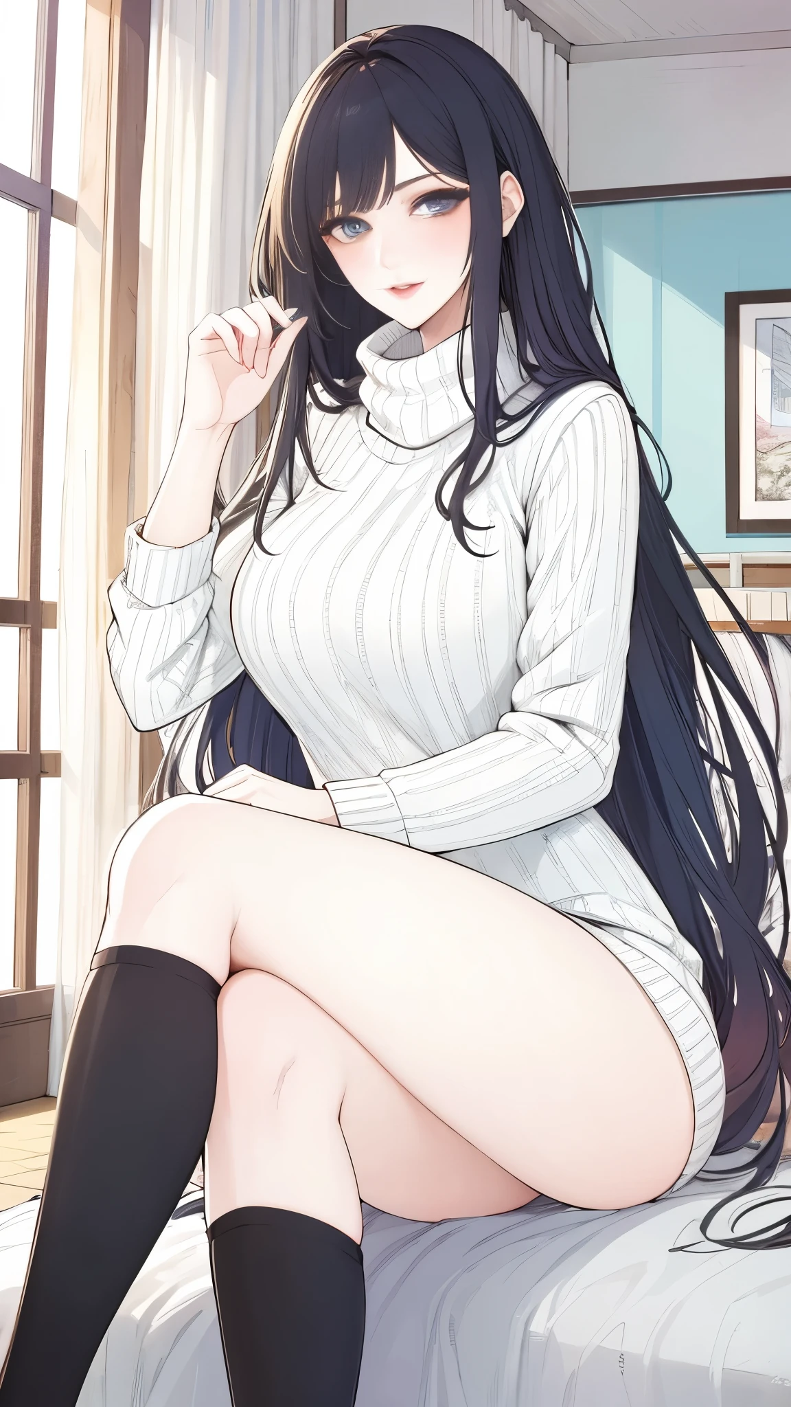 (masterpiece, Highest quality:1.2), 1 girl, Lonely,mature_Escape,Long black hair, sweater,on the road