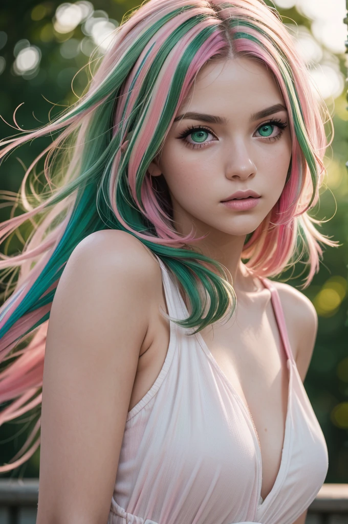 photo, rule of thirds, dramatic lighting,
face closeup,
dynamic pose, dynamic angle,
Girl, 19years old, green eyes, (very long streaked green/pink hair:1.3) ((dynamic hairstyle)) intricate background , realism, realistic, raw, analog, photorealistic in bokeh,M.ia