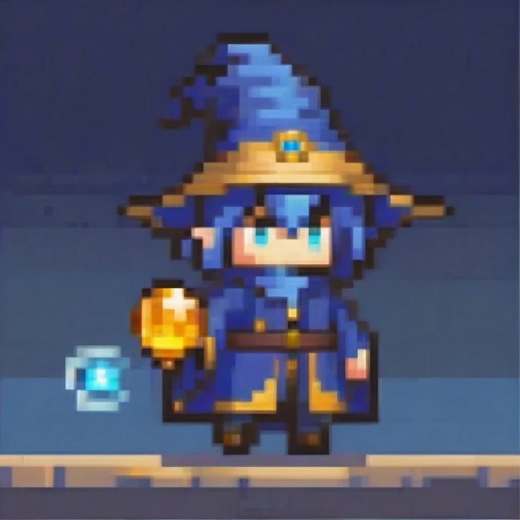 A chibi male character in deep blue and gold wizard robes from a high fantasy world, holding a glowing crystal orb. He has owl wings and talons, glowing amber eyes, and curved wizard-like horns. The orb radiates a magical light effect, and he is in a dynamic spell-casting pose. The scene features cinematic lighting and moody colors, in a detailed digital art, concept art style.