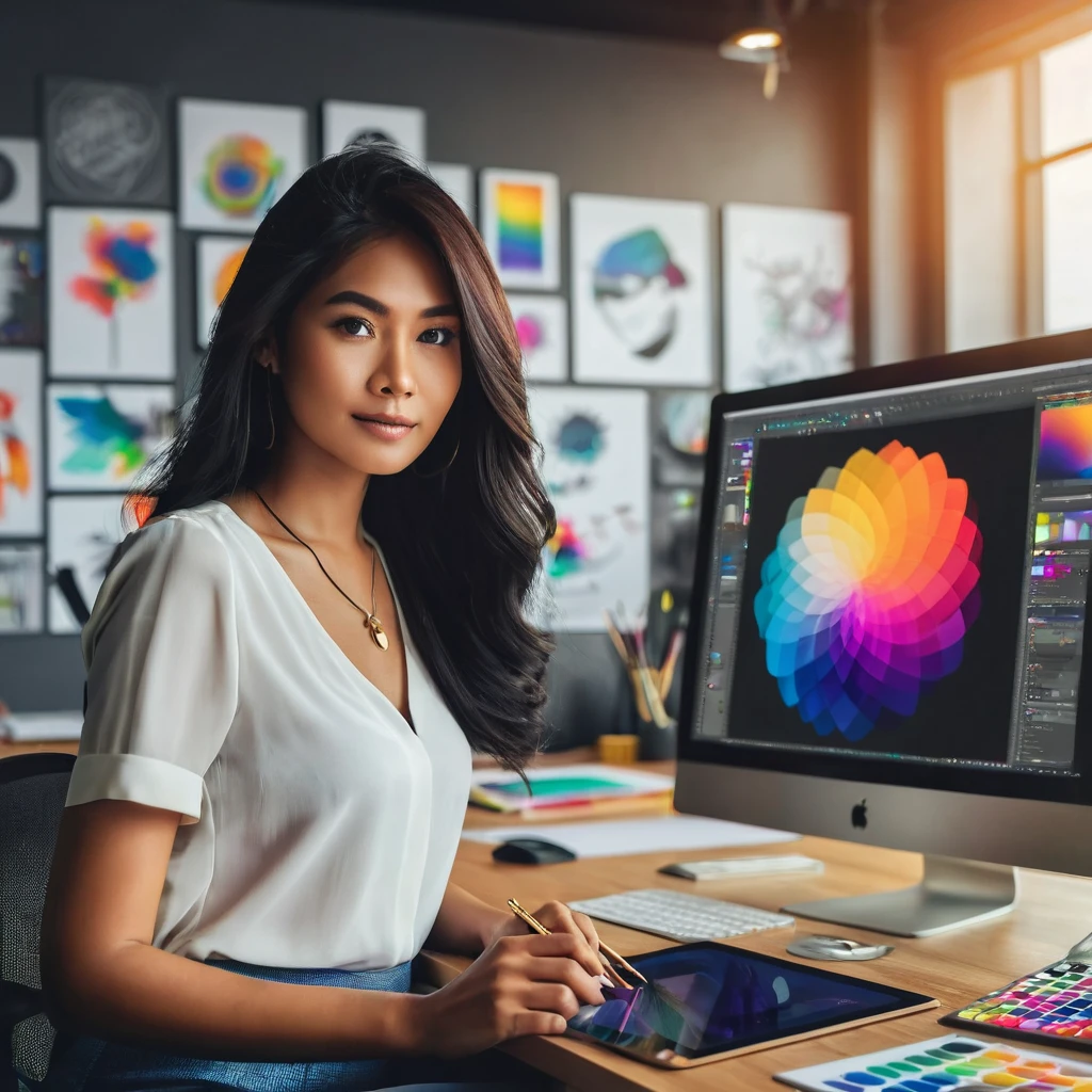 Create an image of a professional Malayan pretty beautiful woman working as a graphic designer in a modern, stylish office. She is seated at a sleek desk with a large, high-resolution monitor displaying vibrant, creative design work. The workspace is filled with design tools like a drawing tablet, color palettes, and inspirational posters on the wall. She is focused and confident, dressed in hippie casual professional attire.