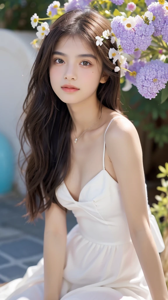 (Realistic), Obra maestra, La mejor calidad, ultra-high resolution, Foto de alto detalle, Unidad 8K Fondo de pantalla, CG extremadamente detallado:1.2), depth of field, bokeh, (Foto RAW:1.realistic photography:1.4), (1girl:1.5), joven, physically based representation, beautiful, (Cara finamente detallada:1.4, Ropa detallada), (Detallado:1.4) named (Eimi Fukada:1.1) BREAK Cara hermosa, Profundidad de campo, Agregar capa, hiperrealista, (14 years old:1.5), Modelo de cuerpo perfecto, senos perfectos, 175cm de altura, pose sexy, full body, cuerpo completo, Tipo de cuerpo del modelo, BREAK (extreme skin details:1.3), skin details, (white summer dress:1.3), doble parpado BREAK smile, Seductive pose, sitting, sitting outside, Santorini streets, outdoor, Mediterranean style, Santorini, (close shot:1.1), (Zoom Shot:1.3), (flower on hair:1.5)