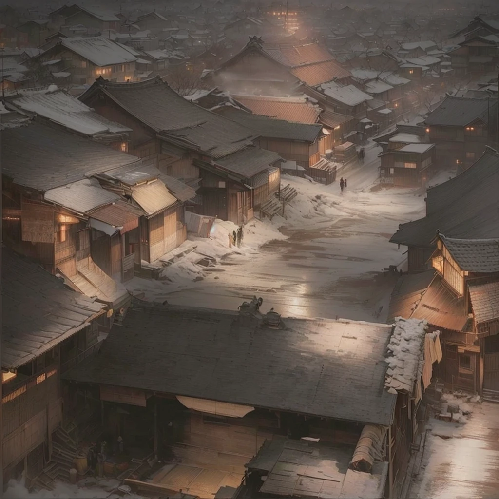 There is a painting of a city with cranes floating in the sky., painterly Concept Art, silent hill Concept Art, Concept Art , Highly rendered, Concept Arts, winter Concept Art, Concept Art, Dramatic lighting. Concept Art, Carl Kopinski, By Artur Tarnowski, highly realistic Concept Art, Concept Painting, dramatic Concept ArtBlazing flames, fire, crowd, throng, freezing, mother warming her baby.Scenery and Cityscape in the Early Meiji Era After the Meiji Restoration, Japan underwent rapid modernization and civilization. Consequently, many changes and reforms occurred. Below is a detailed explanation of the scenery, appearance of the poor, occupations, and cityscapes in the early Meiji period (1868 to the early 1880s). 2. Appearance of the Poor Life for the impoverished and lower classes remained harsh. In particular, in urban areas, people migrated from rural areas or unemployed artisans gathered, intensifying competition in the labor market. Many of them struggled with poverty, often residing in slums or around temples. 3. Occupations Meiji early Japan witnessed a diversification of occupations. Traditional agriculture and handicrafts were accompanied by the rise of modern industry and commerce. Particularly in urban areas, factory workers, shop clerks, and transporters increased, giving rise to new professions. However, many in these occupations endured harsh working conditions. 4. Influence of Civilization and Enlightenment During the Meiji era, Western cultural influences spread rapidly. Changes in clothing, dietary habits, and the proliferation of Western-style architecture advanced, especially in urban areas. Conversely, this development posed a threat to traditional culture and lifestyles, resulting in societal upheaval and adaptation challenges. 5. Social Change and Policy Influence While promoting modernization policies, the government also addressed poverty and social issues. Legislation for labor protection and charitable activities to aid the poor were implemented. Nevertheless, living conditions for the impoverished scarcely improved. The early Meiji