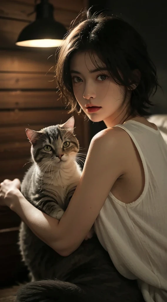 best quality, masterpiece, ultra high resolution, (In reality:1.5), RAW photographer, 1 cat, Beloved, In the darkness of the night, deep shading, low tune, cold light, sexy look, short hair