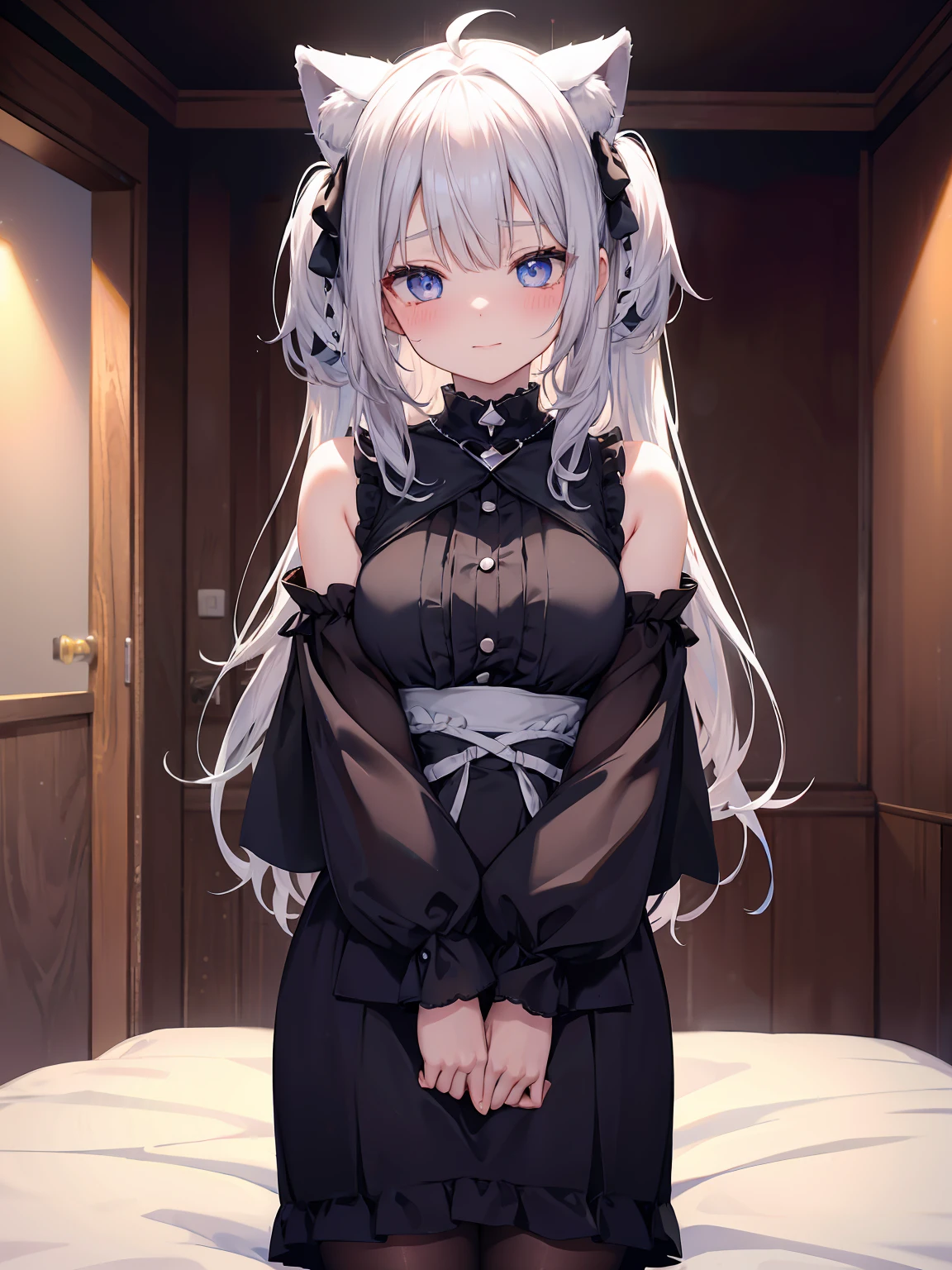 2girls, black and white hair, cat collar black, star-shaped pupil, beautiful detailed eyes, blue eyes, jewel-like eyes, , belly button, japenese girl room, girl on bed, first field view, ahoge, hair over shoulder, very long hair, very thick hair,hugging own legs, beautiful detailed jewel leather collar, animal ears, smile, embarrassed, blush, tearing up, high detail, anime, Romanticism, sparkle, silhouette, depth of field, UHD, retina, masterpiece, ccurate, anatomically correct, textured skin, super detail, high details, award winning, best quality, highres, high quality, 16k