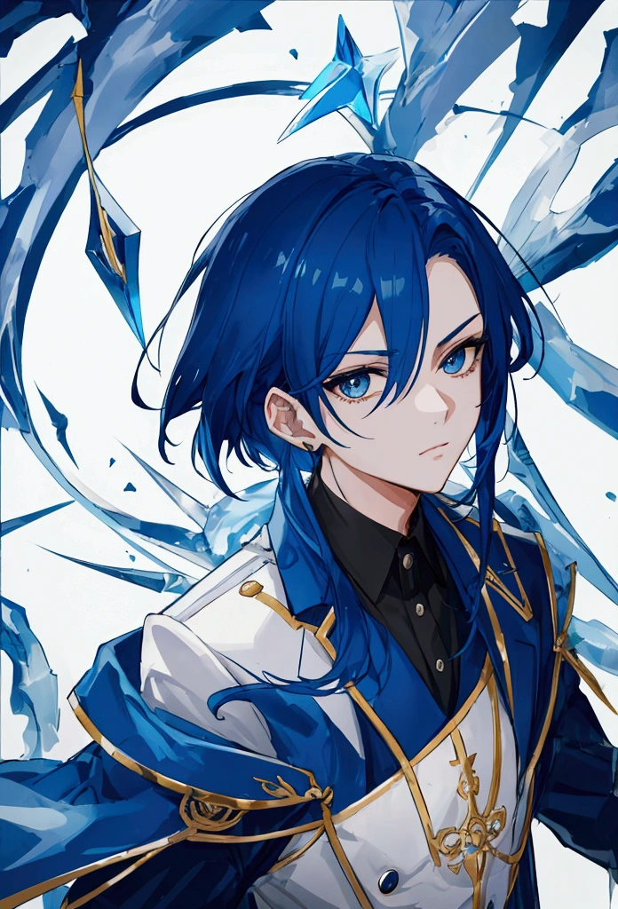 ,sharp eye shape,blue hair ,sharp,man
