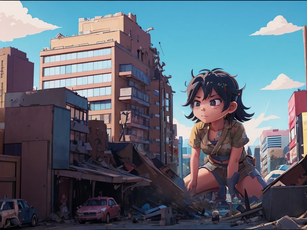 Tokyoのビル街、giantess tramping tiny people,giantess illustrate,smile、迫力のあるLow - Angle、小さなUrban areaにうつ伏せになる、Adult women、anime、エロanime、変態anime、nude、Sunset、blush、Black Hair、steam、Urban area、Tokyo、Woman looking down on a dwarf、Low - Angle、View from the main street、Woman destroying a small metropolis、rubble、Collapsed small buildings、A small abandoned village、Small residents fleeing、A woman who enjoys destruction