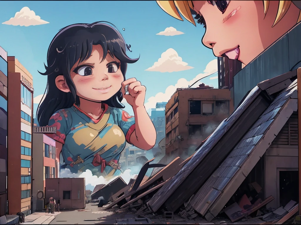 Tokyoのビル街、giantess tramping tiny people,giantess illustrate,smile、迫力のあるLow - Angle、小さなUrban areaにうつ伏せになる、Adult women、anime、エロanime、変態anime、nude、Sunset、blush、Black Hair、steam、Urban area、Tokyo、Woman looking down on a dwarf、Low - Angle、View from the main street、Woman destroying a small metropolis、rubble、Collapsed small buildings、A small abandoned village、Small residents fleeing、A woman who enjoys destruction