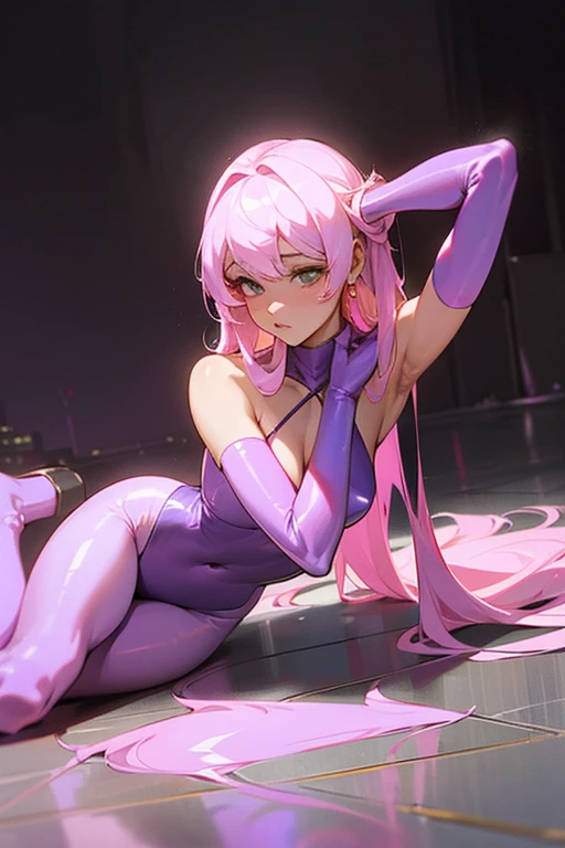 one short dressed sexy lady made of quartz, she is sexy posing in the floor with her hands touching his hair, the quartz girl wears something resembling a purple tight leotard, pastel colored luminous quartz in all places, a realistic nocturnal city devastated in the background,