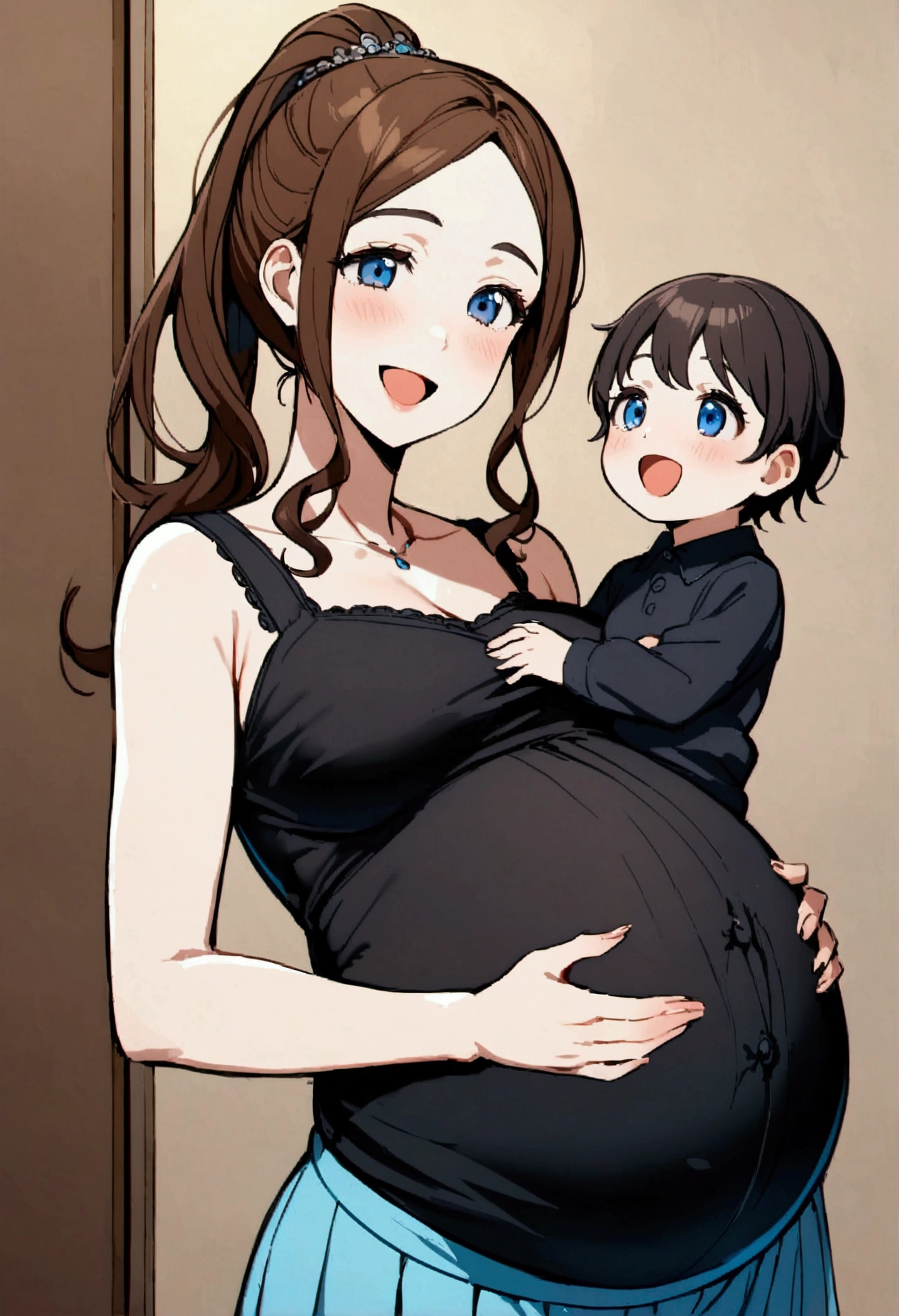 beautiful pregnant mom with brown ponytail hair, Blue eyes, black shirt, blue microskirt, happy