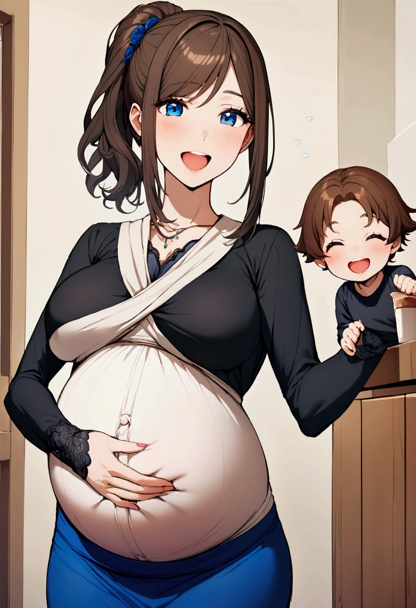 beautiful pregnant mom with brown ponytail hair, Blue eyes, black shirt, blue microskirt, happy