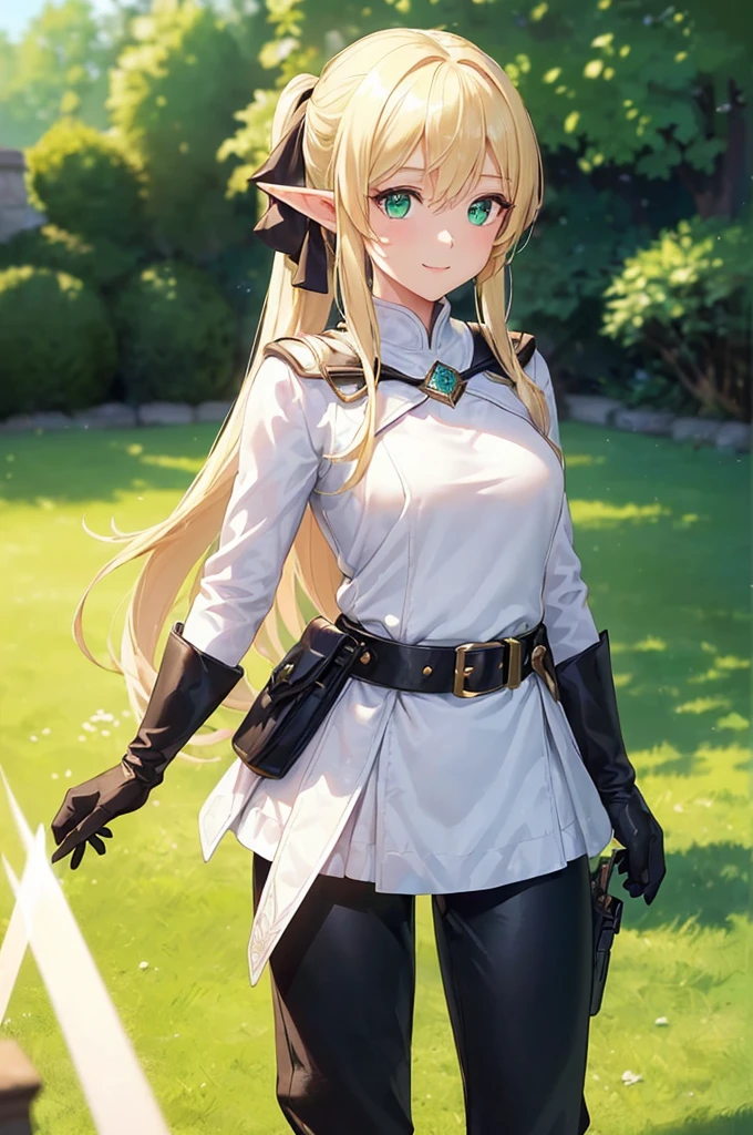 (((masterpiece; best quality: 1.2))), (finely detailed eyes: 1.3), (25 year old elf woman), (solo), (green eyes: 1.4), (body; buxom, fit, femenine: 1.3), (silky blonde hair in low ponytail: 1.3), (beautiful and clear background: 1.2), ((depth of field)), (equipment: adventurer attire + modest + long white tunic + black cape + black pants + gloves + belt + pouches: 1.3), (anime illustration: 1.2), (background composition; royal garden: 1.1), (extremely fine and beautiful: 1.1), (shot composition; standing + centered on torso + close-up: 1.5), (expression; calm, smile: 1.2)