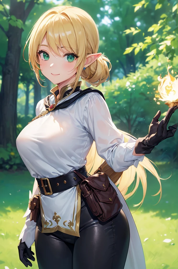 (((masterpiece; best quality: 1.2))), (finely detailed eyes: 1.3), (25 year old elf woman), (solo), (green eyes: 1.4), (body; buxom, fit, femenine: 1.3), (silky blonde hair in low ponytail: 1.3), (beautiful and clear background: 1.2), ((depth of field)), (equipment: adventurer attire + modest + long white tunic + black cape + black pants + gloves + belt + pouches: 1.3), (anime illustration: 1.2), (background composition; royal garden: 1.1), (extremely fine and beautiful: 1.1), (shot composition; standing + centered on torso + close-up: 1.5), (expression; calm, smile: 1.2)