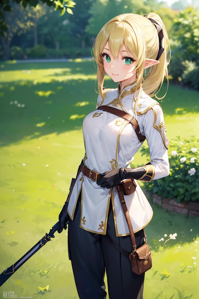 (((masterpiece; best quality: 1.2))), (finely detailed eyes: 1.3), (25 year old elf woman), (solo), (green eyes: 1.4), (body; buxom, fit, femenine: 1.3), (silky blonde hair in low ponytail: 1.3), (beautiful and clear background: 1.2), ((depth of field)), (equipment: adventurer attire + modest + long white tunic + black cape + black pants + gloves + belt + pouches: 1.3), (anime illustration: 1.2), (background composition; royal garden: 1.1), (extremely fine and beautiful: 1.1), (shot composition; standing + centered on torso + close-up: 1.5), (expression; calm, smile: 1.2)