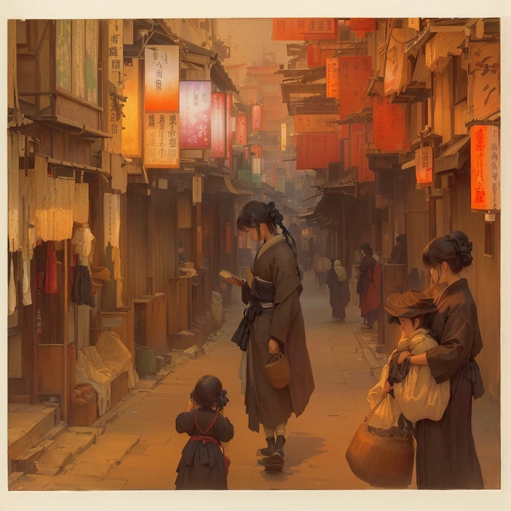 Painting of a man and woman walking down the street, by Kamisaka Sekka, artwork of a hong kong street, by Tosa Mitsuoki, By Chen Jill, Alphonse Mucha , from china, Inspired by Carl Spitzweg, Dreamy city in China, Japan Streets, I lost! calm sepia color, Blazing flames by Nie Yuanlu, fire, crowd, throng, freezing, mother warming her baby.Scenery and Cityscape in the Early Meiji Era After the Meiji Restoration, Japan underwent rapid modernization and civilization. Consequently, many changes and reforms occurred. Below is a detailed explanation of the scenery, appearance of the poor, occupations, and cityscapes in the early Meiji period (1868 to the early 1880s). 2. Appearance of the Poor Life for the impoverished and lower classes remained harsh. In particular, in urban areas, people migrated from rural areas or unemployed artisans gathered, intensifying competition in the labor market. Many of them struggled with poverty, often residing in slums or around temples. 3. Occupations Meiji early Japan witnessed a diversification of occupations. Traditional agriculture and handicrafts were accompanied by the rise of modern industry and commerce. Particularly in urban areas, factory workers, shop clerks, and transporters increased, giving rise to new professions. However, many in these occupations endured harsh working conditions. 4. Influence of Civilization and Enlightenment During the Meiji era, Western cultural influences spread rapidly. Changes in clothing, dietary habits, and the proliferation of Western-style architecture advanced, especially in urban areas. Conversely, this development posed a threat to traditional culture and lifestyles, resulting in societal upheaval and adaptation challenges. 5. Social Change and Policy Influence While promoting modernization policies, the government also addressed poverty and social issues. Legislation for labor protection and charitable activities to aid the poor were implemented. Nevertheless, living conditions for the impoverished scarcely improved. The early Meiji period marked a rapid transformation in Japan, with complex social lan