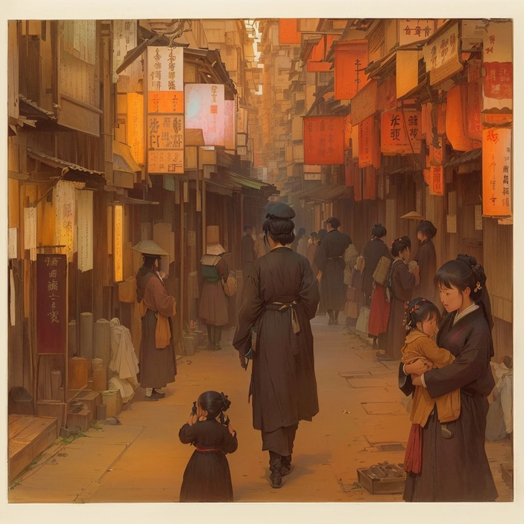 Painting of a man and woman walking down the street, by Kamisaka Sekka, artwork of a hong kong street, by Tosa Mitsuoki, By Chen Jill, Alphonse Mucha , from china, Inspired by Carl Spitzweg, Dreamy city in China, Japan Streets, I lost! calm sepia color, Blazing flames by Nie Yuanlu, fire, crowd, throng, freezing, mother warming her baby.Scenery and Cityscape in the Early Meiji Era After the Meiji Restoration, Japan underwent rapid modernization and civilization. Consequently, many changes and reforms occurred. Below is a detailed explanation of the scenery, appearance of the poor, occupations, and cityscapes in the early Meiji period (1868 to the early 1880s). 2. Appearance of the Poor Life for the impoverished and lower classes remained harsh. In particular, in urban areas, people migrated from rural areas or unemployed artisans gathered, intensifying competition in the labor market. Many of them struggled with poverty, often residing in slums or around temples. 3. Occupations Meiji early Japan witnessed a diversification of occupations. Traditional agriculture and handicrafts were accompanied by the rise of modern industry and commerce. Particularly in urban areas, factory workers, shop clerks, and transporters increased, giving rise to new professions. However, many in these occupations endured harsh working conditions. 4. Influence of Civilization and Enlightenment During the Meiji era, Western cultural influences spread rapidly. Changes in clothing, dietary habits, and the proliferation of Western-style architecture advanced, especially in urban areas. Conversely, this development posed a threat to traditional culture and lifestyles, resulting in societal upheaval and adaptation challenges. 5. Social Change and Policy Influence While promoting modernization policies, the government also addressed poverty and social issues. Legislation for labor protection and charitable activities to aid the poor were implemented. Nevertheless, living conditions for the impoverished scarcely improved. The early Meiji period marked a rapid transformation in Japan, with complex social lan