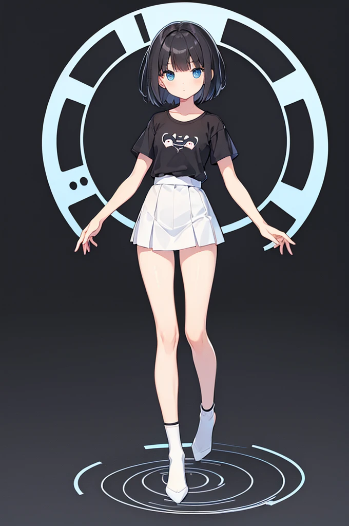 Full body ,dynamic Standing ,(เหมือนจริง:1.37)、1girl, solo, blue eyes, (detailed eyes), flat chest, short hair, black hair, ((black t-shirt)), simple t-shirt, black skirt, black socks, standing, upper body, (white background), Transparent background, looking down, ((masterpiece, illustration, best quality))  , (Full body:1.5), Blank white background, (white background), Transparent background, looking down, ((masterpiece, illustration, best quality)) 