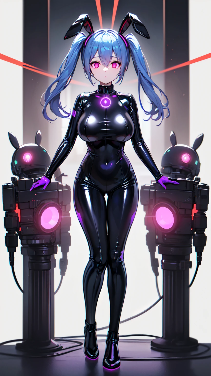 最high quality、Best image quality、masterpiece、Hatsune Miku Vocaloid、Big breasted android girl((18-year-old、red, Glowing black and blue cyber suit、brainwashing,Combatant, Hollow Eyes,((Purple glowing eyes 1.5)), Huge breasts , Expressionless, Emotions are removed,Bunny girl,Black Stockings,(Black latex tight bunny suit),avert your eyes , whole body shape, ((stand up)),(最high quality、4K、8k、High resolution、Must have:1.2)、Very detailed、(reality、that's reality的、reality的:1.37)、Best Bust、Bust 90、Twin tails、Open your chest wide、valley、happiness、thin、Expressionless、))high quality、Beautiful art、background((Metro City、cyber punk、Nightclub、Cyber World))、Tabletop、Exquisite design、Visual Arts、Concept Artist、Five Fingers, Perfect body, {{{masterpiece}}}, {{{最high quality}}}, {{Very detailed}}, {shape}, {{Very delicate and beautiful}},Improved cost performance、All Roles、Canon 5D MK4でphotograph、photograph,