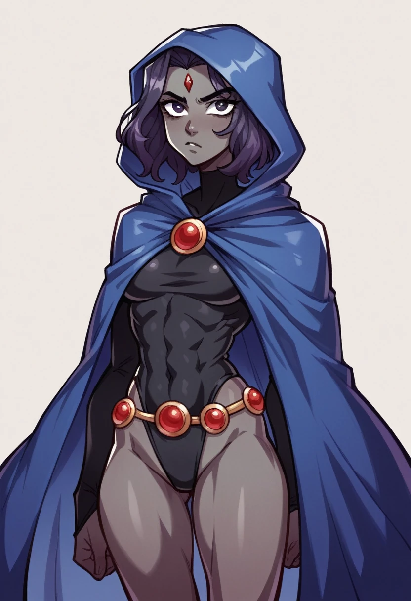 1 girl, Raven, black skin black leotard, black cloack, hooded cloak, Long black wavy hair, forehead jeauel, purples eyes, waist belt, firm skin, standing, toned, breastsout, pose, natta, moonlights, ((posando)), motion lines, trunk, trunk, portraite, b&au. Contour,
