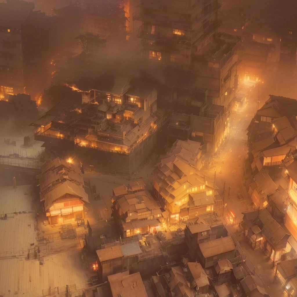 There is a picture of a fire burning in the city., an ancient city on fire, painterly Concept Art, disco elysium Concept Art, art style of by Marc Simonetti, aerial viewyoji shinkawa, craig mullins dappled lighting, by Marc Simonetti. Complex, Concept Art , Highly rendered, Concept Art stunning atmosphereBlazing flames, fire, crowd, throng, freezing, mother warming her baby.Scenery and Cityscape in the Early Meiji Era After the Meiji Restoration, Japan underwent rapid modernization and civilization. Consequently, many changes and reforms occurred. Below is a detailed explanation of the scenery, appearance of the poor, occupations, and cityscapes in the early Meiji period (1868 to the early 1880s). 2. Appearance of the Poor Life for the impoverished and lower classes remained harsh. In particular, in urban areas, people migrated from rural areas or unemployed artisans gathered, intensifying competition in the labor market. Many of them struggled with poverty, often residing in slums or around temples. 3. Occupations Meiji early Japan witnessed a diversification of occupations. Traditional agriculture and handicrafts were accompanied by the rise of modern industry and commerce. Particularly in urban areas, factory workers, shop clerks, and transporters increased, giving rise to new professions. However, many in these occupations endured harsh working conditions. 4. Influence of Civilization and Enlightenment During the Meiji era, Western cultural influences spread rapidly. Changes in clothing, dietary habits, and the proliferation of Western-style architecture advanced, especially in urban areas. Conversely, this development posed a threat to traditional culture and lifestyles, resulting in societal upheaval and adaptation challenges. 5. Social Change and Policy Influence While promoting modernization policies, the government also addressed poverty and social issues. Legislation for labor protection and charitable activities to aid the poor were implemented. Nevertheless, living conditions for the impoverished scarcely improved. The early Meiji period marked a rapid transformation
