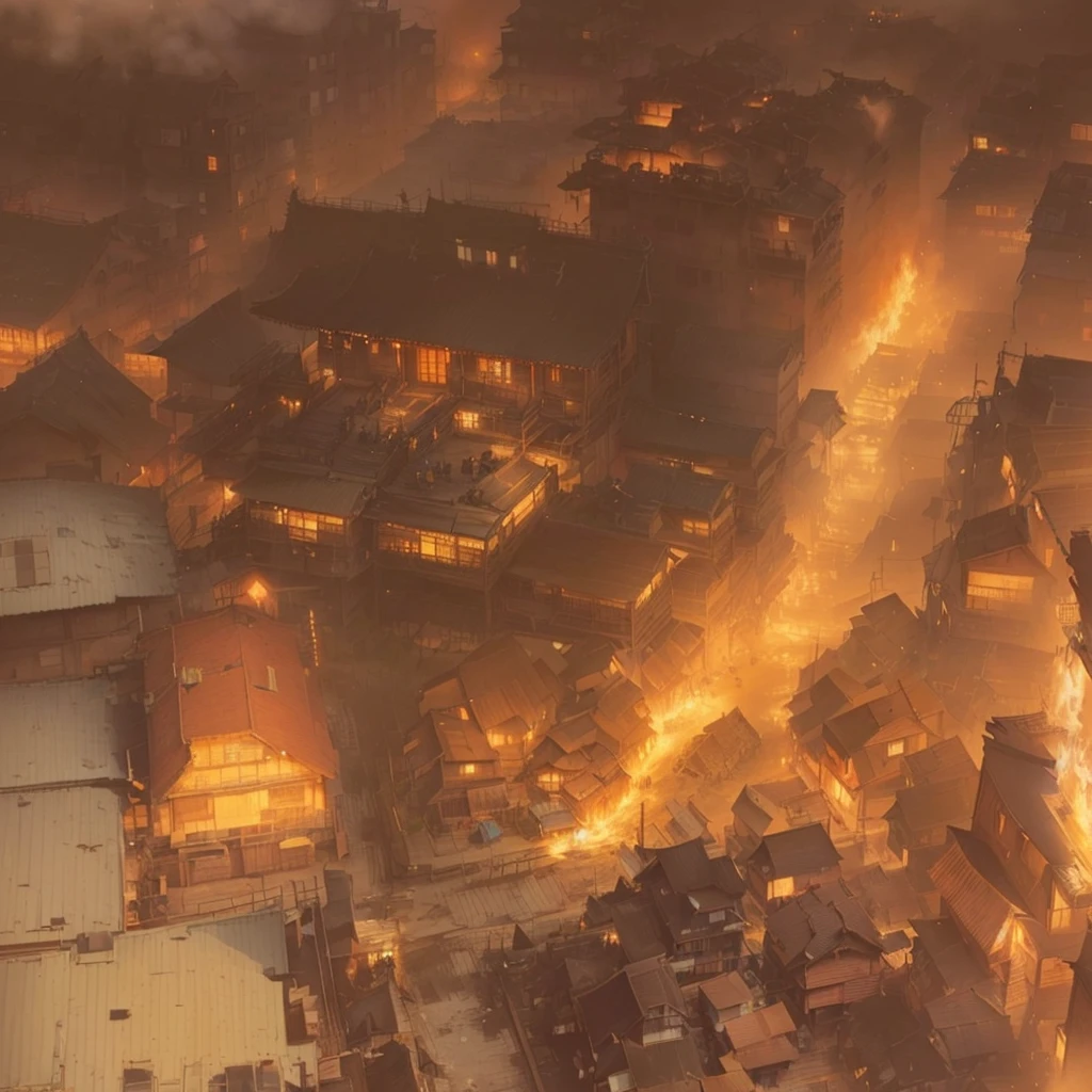 There is a picture of a fire burning in the city., an ancient city on fire, painterly Concept Art, disco elysium Concept Art, art style of by Marc Simonetti, aerial viewyoji shinkawa, craig mullins dappled lighting, by Marc Simonetti. Complex, Concept Art , Highly rendered, Concept Art stunning atmosphereBlazing flames, fire, crowd, throng, freezing, mother warming her baby.Scenery and Cityscape in the Early Meiji Era After the Meiji Restoration, Japan underwent rapid modernization and civilization. Consequently, many changes and reforms occurred. Below is a detailed explanation of the scenery, appearance of the poor, occupations, and cityscapes in the early Meiji period (1868 to the early 1880s). 2. Appearance of the Poor Life for the impoverished and lower classes remained harsh. In particular, in urban areas, people migrated from rural areas or unemployed artisans gathered, intensifying competition in the labor market. Many of them struggled with poverty, often residing in slums or around temples. 3. Occupations Meiji early Japan witnessed a diversification of occupations. Traditional agriculture and handicrafts were accompanied by the rise of modern industry and commerce. Particularly in urban areas, factory workers, shop clerks, and transporters increased, giving rise to new professions. However, many in these occupations endured harsh working conditions. 4. Influence of Civilization and Enlightenment During the Meiji era, Western cultural influences spread rapidly. Changes in clothing, dietary habits, and the proliferation of Western-style architecture advanced, especially in urban areas. Conversely, this development posed a threat to traditional culture and lifestyles, resulting in societal upheaval and adaptation challenges. 5. Social Change and Policy Influence While promoting modernization policies, the government also addressed poverty and social issues. Legislation for labor protection and charitable activities to aid the poor were implemented. Nevertheless, living conditions for the impoverished scarcely improved. The early Meiji period marked a rapid transformation