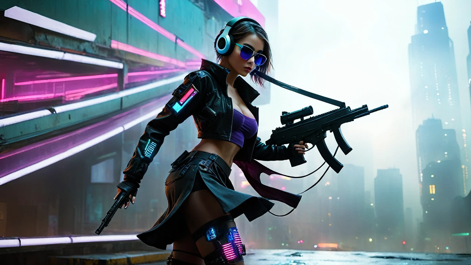 dark futuristic landscape, at night, neon lights, Atmospheric fog, large buildings in the background, futuristic city, streets with open shops, skyscraper (postapocalyptic city:1.3). (((1girl, solo, alone))), large-breast:1.2 slim body, cleavage:1.1, sexy miniskirt, (((headphone, black sunglasses, standing and holding pistol pose))), (((half-body thigh level medium shot))), cinematic lighting, lens flare, ray tracing.