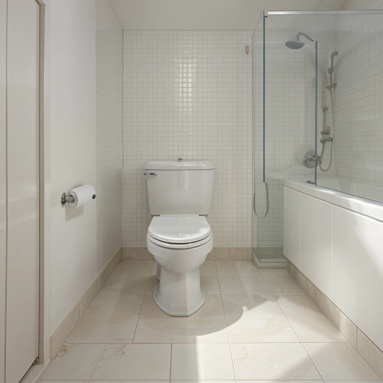 The bathroom was utilitarian and straightforward. Plain white tiles covered the floor, their simplicity allowing the space to feel uncluttered. The toilet itself was a standard, basic model, its form functional rather than ornamental. A lone roll of toilet paper sat atop the tank, the only accessory in the minimalist room. The walls were bare, devoid of any decorative elements. Overall, the space felt unadorned and unfussy, focused solely on providing the essential purpose of a toilet without any superfluous details.