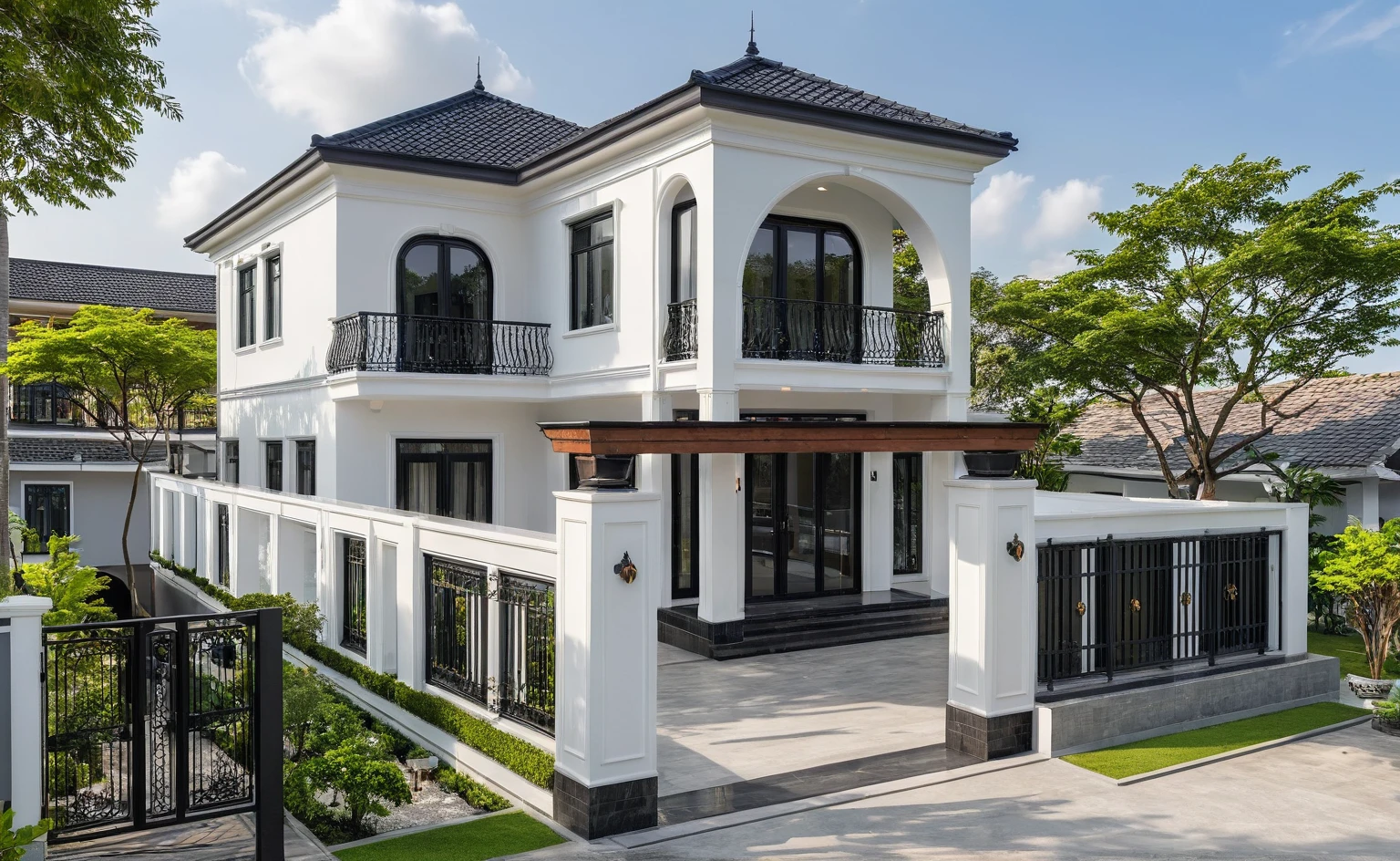 (masterpiece:1.2), best quality, photo of A two-story modern house in VietNam with white walls and dark tiles on the roof., tree and plant environment,black detail and (wooden ceiling:1.2), daylight, streetcapes, natural light, vivid color, The exterior of an elegant single family home features large windows, a dark gray door frame.