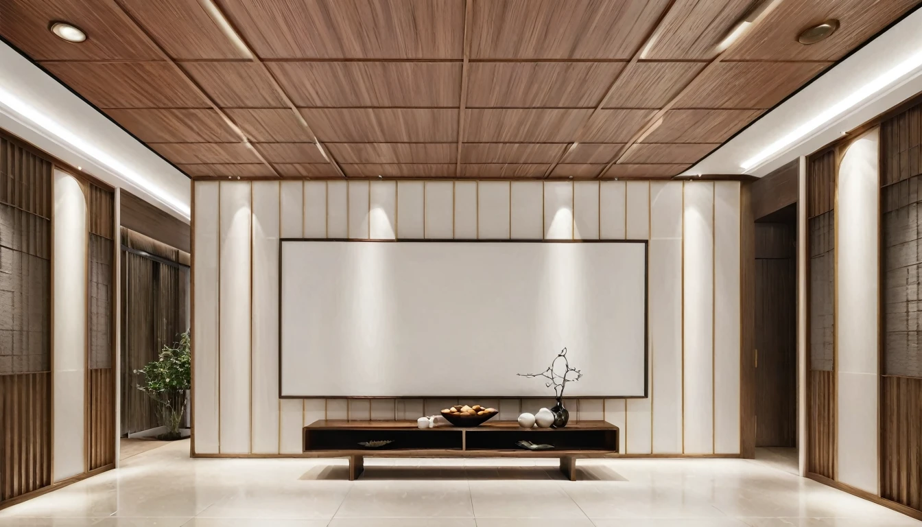 8K, real, (realistic:1.2), exhibition, exhibition hall, background wall, company entrance, （front view:1.1), 24mm wide-angle lens, wood grain, metal, leather style, (simple style:1.2), (light tone:1.1),modern chinese style,white ceiling，recessed lighting，Multiple wall decoration paintings