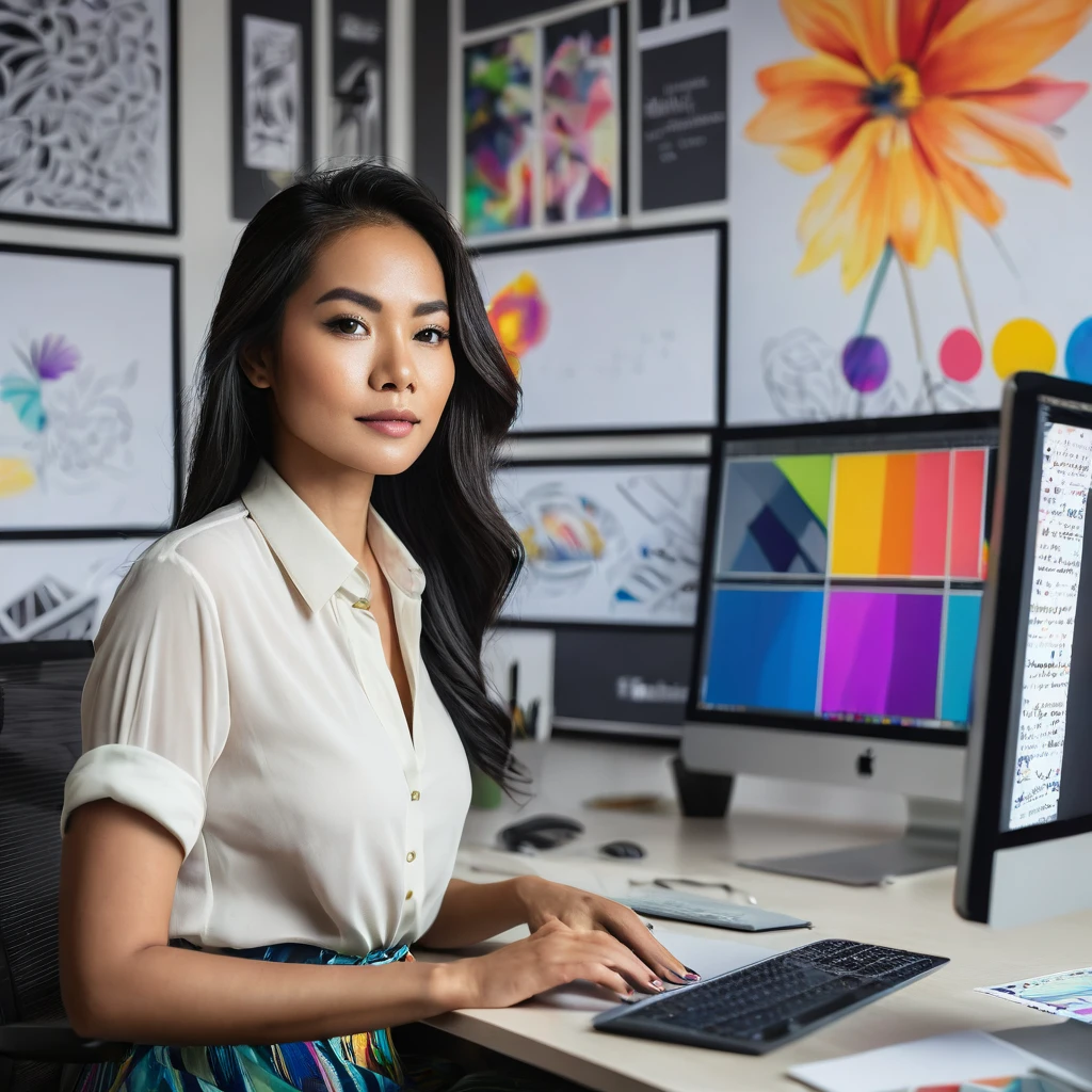 Create an image of a professional Malayan pretty beautiful woman working as a graphic designer in a modern, stylish office. She is seated at a sleek desk with a large, high-resolution monitor displaying vibrant, creative design work. The workspace is filled with design tools like a drawing tablet, color palettes, and inspirational posters on the wall. She is focused and confident, dressed in hippie casual professional attire.