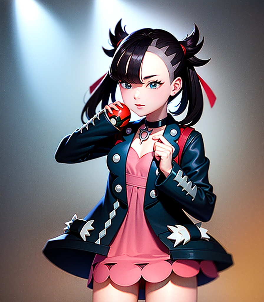 masterpiece, Highest quality, High resolution, Marnie, Aqua Eye, Black choker, Red ribbon, Pink Dress, jewelry, Black jacket, Open clothes, Long sleeve, Cowboy Shot, Are standing, forest, holding Pokéball, Pokéball \(Basic\), smile, Open your mouth,Background is wood々が生い茂るforestです.:1.2,Draw a person in the center of the screen,Depict the top of your head,{{{Perfect hand shape:1.2}}},marnie