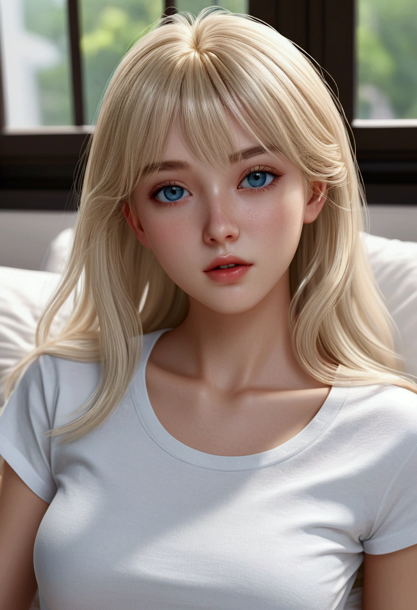 Beautiful innocent 20 year old blonde girl、Beautiful shining platinum blonde hair、bangs fall on face、((Wearing an open white T-shirt,Dramatic Pose)),Sexy look,Super long straight blonde silky hair,Bed Background,Beach Background、RAW Photos, (8k、Highest quality、masterpiece:1.2)、(Intricate details:1.4)、(Realistic:1.4)、Octane Rendering、Exquisite 3D rendering, ultra-detailed, Studio Soft Light, Rim Light, Sharp details, Super Detail, Realistic skin texture, Cheek gloss、Detailed aspect, Very beautiful bright pale blue eyes, Very big eyes、Highly detailed CG Unity 16k wallpaper, Perfect beauty、Round face、compensate, (Detailed Background:1.2), Glowing Skin, whole body、From head to thighs、Cleavage,((sleep with your head up、Angle of view from above))