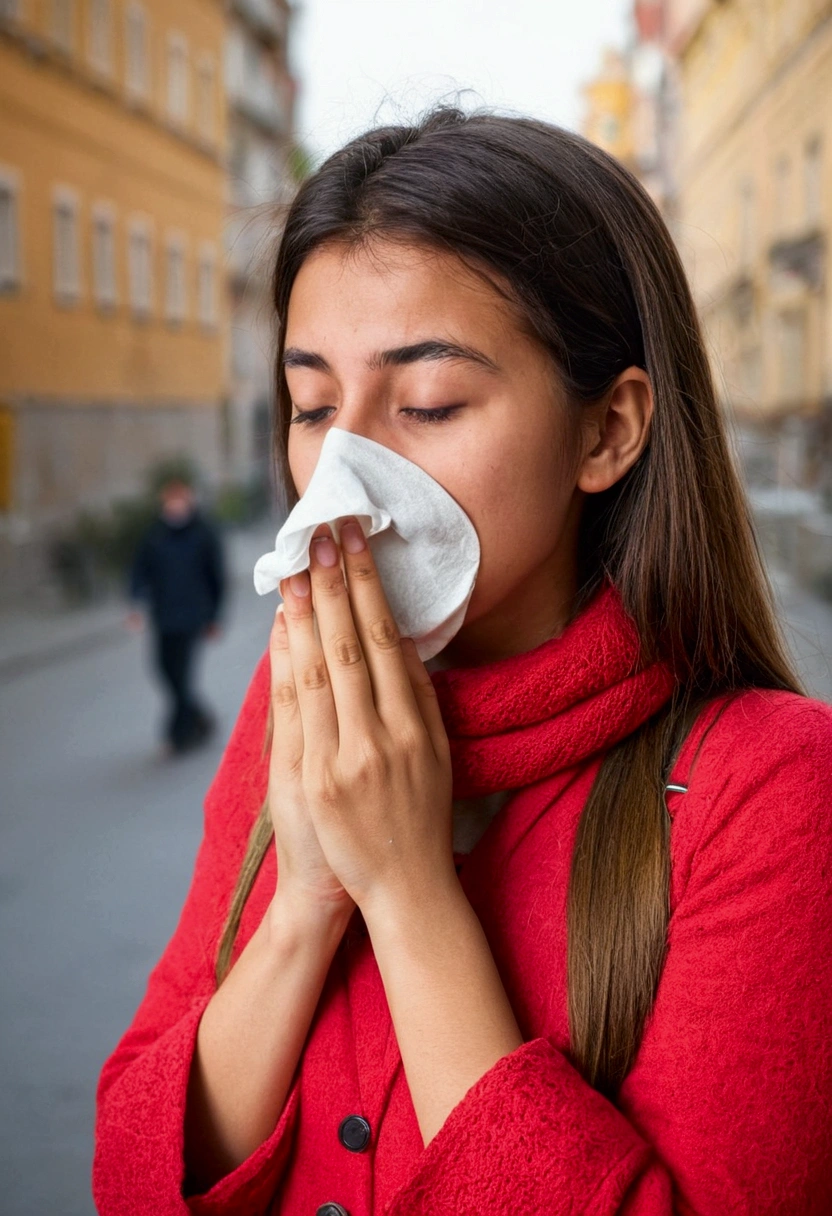 23-year-old woman covered her nose because of the unpleasant smell and felt uncomfortable, on the city