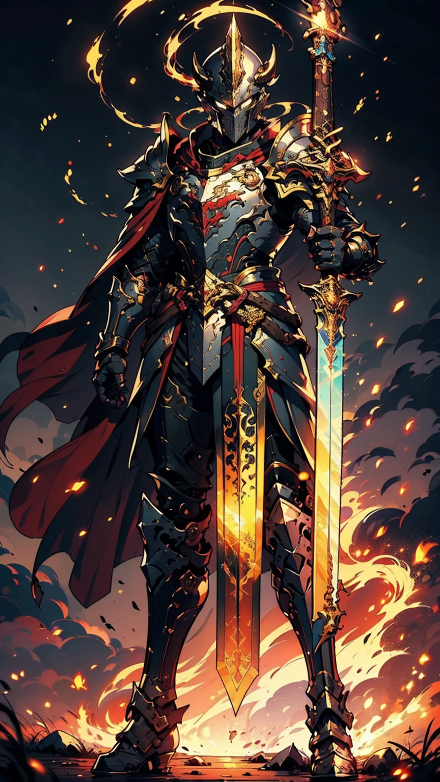 8K quality,(super masterpiece:1.3),Highest quality,Detailed Images,1 male,knight,pocket(Full Face,Two cow horns),armor(Silver Full Armor,Golden decoration),(Wear a red cloak,Red Cape),sword(燃えるsword,Hold the handle with your right hand),(background:Burning image,sunset,幻想的なsunset,The End,The end of the world,grassland,Takayama,Halo effects),(Whole body image,Standing with your legs apart),(Face directly towards the camera,Looking directly at the viewer,looking at the camera,The body faces the viewer,The body is facing the direction of the camera,Face looking straight into the camera).