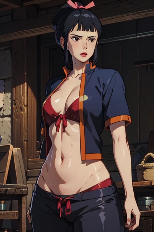 masterpiece, Highest quality,  Unreal Engine,  Super Resolution,  Very detailed, 

One Woman, Lady Eboshi from Princess Mononoke, Cleavage, Physical Beauty, (Muscular:0.8), (Big Breasts), bold, Lips parted,  Observe the audience, 

In a dynamic pose,  Cowboy Shot, 

The World of Princess Mononoke, At the matchlock gun workshop,  Key Visual, 

((Sticky with sweat)),