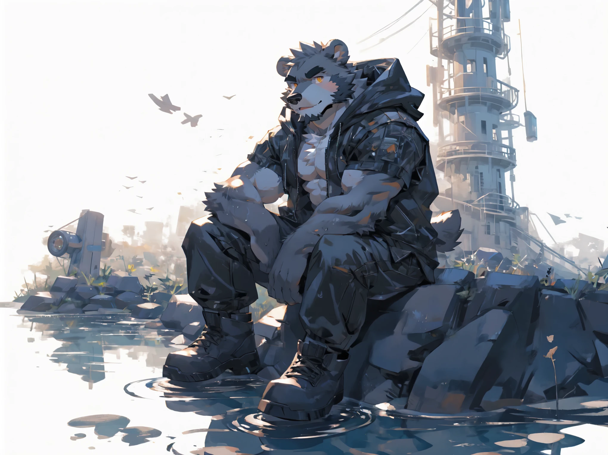 (masterpiece:1.2), best quality,pixiv,official art,perfect anatomy, (Ray tracing, light),solo, (1_male:1.3) , (muscle), (grey fur:1.4), (muscle bear), (beard:1.2), (gleaming golden eyes), bear tail, full body, Thick black eyebrows, (open short hoodie), (naked inside),Ripped short jeans, black short boots, (pure white background: 1.3), (on the water surface:1.3), (Salar de Uyuni:1.3), Reflection, reflect sky, wide