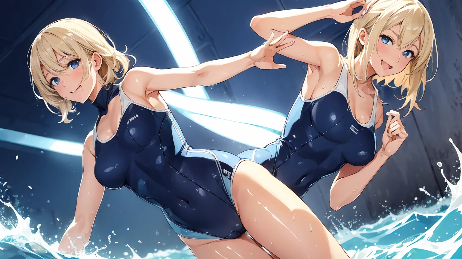 High resolution raw color photos, Professional photos,16K, RAW Photos, 最high quality, masterpiece: 1.2), High-quality RAW color photos, Professional realistic feel, Spread your legs, I lean forward in joy, Pussyが気持ち良い, ((Very detailed女性器, Pussy:1.8))、 The strong light of midsummer, 舞台は学校のプールin、 The strong light of midsummerスクール水着を強く照らす,t超光沢な長いblondeの髪と、魅惑的な紫の瞳を持つyoung womanのイメージを作る。she smiles warmly、There is a slight redness on the cheeks。Wearing a light blue school swimsuit wet with water、The tight-fitting swimsuit perfectly shows off her body lines.。The background is slightly blurred to focus on her reflective, wet navy blue school swimsuit.。She does the splits with confidence、フレンドリーin親しみやすい態度を醸し出している。in, (((young woman, Gal))), (Sharp features), (Small face), (細部まinこだわった肌: 1.2), clavicle, Cute Face, Beautiful appearance,Long eyelashes, , (Beautiful breasts:1.5), (Camel Toe details), , Very detailed顔と肌の質感, Fine grain, double eyelid, Look to the side, Place your hands behind your back, , One eye is hidden, Wavy Hair)), Slender body, ((Open your mouth and laugh:1.2)), Big Breasts, Normal hip joint, blue eyes, Cowboy Shot, , , Captivating thighs, Wet Skin))), A composition that emphasizes the girl&#39;s beauty, Gazing Eyes, Beautiful Skin, Shiny skin, Perfect Fingers, Five Fingers, Anatomically correct, Background blur, high quality, Bright colors, ((Very detailed, photo shoot))流れるような長いblondeの髪と、魅惑的な紫の瞳を持つyoung womanのイメージを作る。she smiles warmly、There is a slight redness on the cheeks。Wearing a light blue swimsuit wet with water、The tight-fitting swimsuit perfectly shows off her body lines.。舞台は学校のプールin、The strong light of midsummer明るい水色のスクール水着を強く照らす。The background is slightly blurred to focus on her school swimsuit.。She sits with her legs spread apart with confidence.、フレンドリーin親しみやすい態度を醸し出している。Highlight one piece swimsuit。ような長いblondeの髪と、魅惑的な紫の瞳を持つyoung womanのイメージを作る。she smiles warmly、There is a slight redness on the cheeks。Wearing a school swimsuit that reflects light when wet、The tight-fitting swimsuit perfectly shows off her body lines.。The background is slightly blurred to focus on her bright school swimsuit.。She does the splits with confidence、フレンドリーin親しみやすい態度を醸し出している。in, (((young woman, Gal))), (Sharp features), (Small face), (細部まinこだわった肌: 1.2), clavicle, Cute Face, Beautiful appearance,Long eyelashes, , (Beautiful breasts:1.5), (Camel Toe details), Very detailed顔と肌の質感, Fine grain, double eyelid, Look to the side, Place your hands behind your back, Camel Toe, ((blonde, Long bangs on one side, Asymmetrical bangs, One eye is hidden, Wavy Hair)), Slender body, ((Open your mouth and laugh:1.2)), Big Breasts, Normal hip joint, blue eyes, Cowboy Shot, , Large Breasts, Captivating thighs, Wet Skin))), A composition that emphasizes the girl&#39;s beauty, Gazing Eyes, Beautiful Skin, Shiny skin, Perfect Fingers, Five Fingers, Anatomically correct, Background blur, high quality, Bright colors, ((Very detailed, photo shoot))流れるような長いblondeの髪と、魅惑的な紫の瞳を持つyoung womanのイメージを作る。she smiles warmly、There is a slight redness on the cheeks。Wearing a light blue swimsuit wet with water、The tight-fitting swimsuit perfectly shows off her body lines.。舞台は学校のプールin、The strong light of midsummerスクール水着を強く照らす。The background is slightly blurred to focus on her stretchy navy blue school swimsuit.。she stands confidently、フレンドリーin親しみやすい態度を醸し出している。Y-balance,