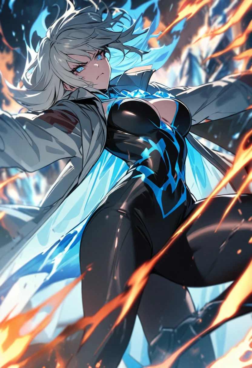 one female character, with fire and ice power around her body, provoking superhuman strength,with an overcoat