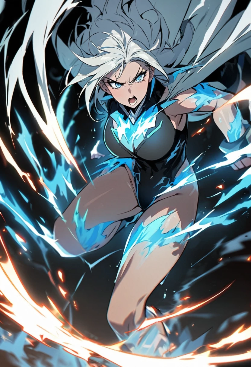 one female character, with fire and ice power around her body, provoking superhuman strength,with an overcoat