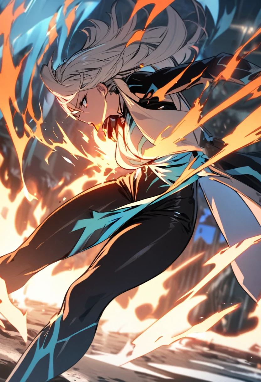 one female character, with fire and ice power around her body, provoking superhuman strength,with an overcoat