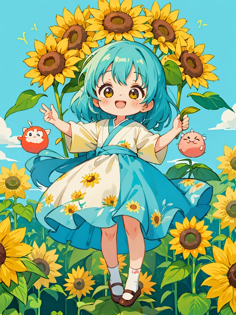 hayao miyazaki style, Kawaii Design, The most beautiful girl of all time、chibi, (((happy))), sunflowers