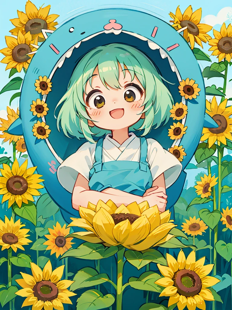 hayao miyazaki style, Kawaii Design, The most beautiful girl of all time、chibi, (((happy))), sunflowers