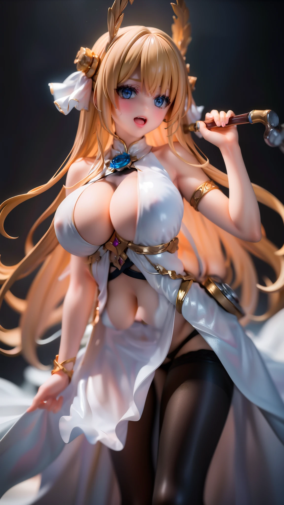 Open mouth, A MILF,Shiny body, Shiny skin, ,Huge breasts ,Shiny skin,BTPT-FC,wide hips,Sweat, hands on hips,full body,blonde hair,,standing,large breasts, cleavage, looking at the audience,.blue eyes, thighhighs, open mouth, laurel crown, turret, black thighhighs, cleavage, smile, huge breasts, wrist ribbon, ribbon, veil, very long hair, sleeveless, dress,wide hips,cleavage,navel,blonde hair, bare shoulde,black,blue eyes,thong,black pantie,highleg pantie,bright screen,bright screen